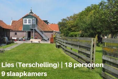 Groepsaccommodatie Waddeneilanden, Terschelling, voor 18 personen, 9 slaapkamers